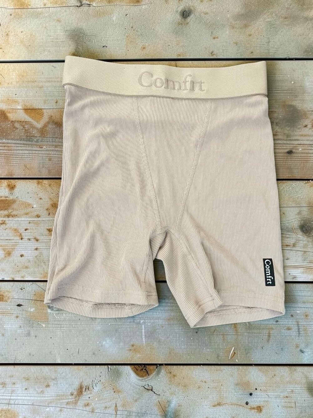 Comfrt Ribbed Contour Boxer Shorts Womens Small Beige Lounge Stretch Athleisure - Picture 3 of 3
